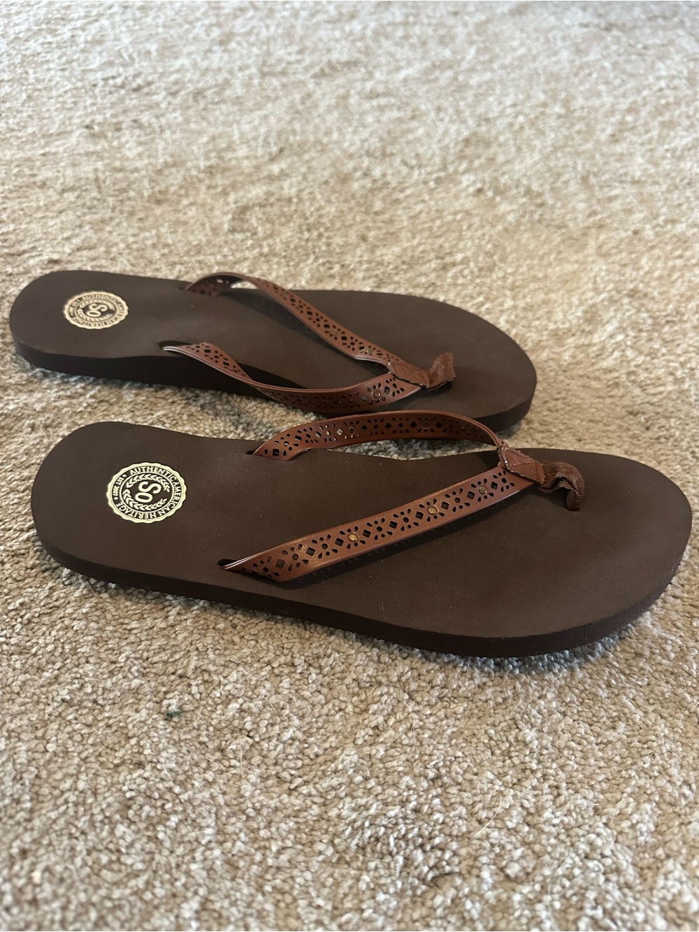 SO Brown Laser-Cut Strap Flip Flop Sandals
